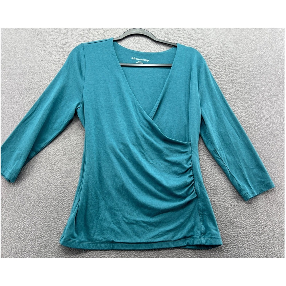 Soft Surroundings Shirt Womens M Teal Blue Faux Wrap Ruched V-Neck Top
